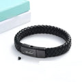 Black leather casket pendant on a woven stainless steel bracelet for personalisation.