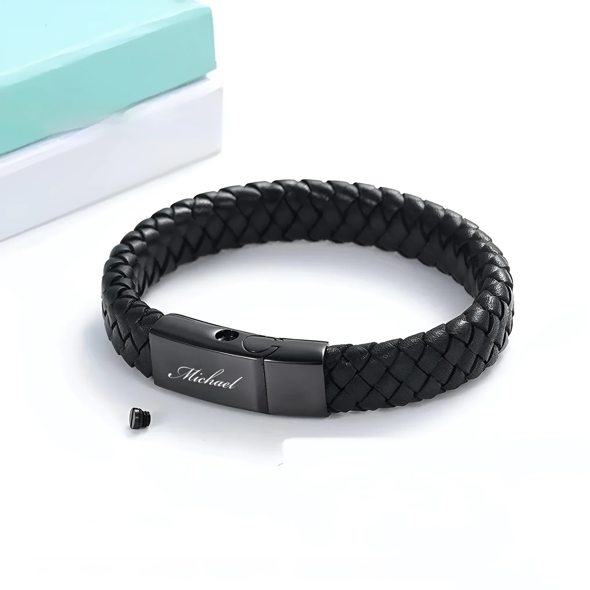 Black leather casket pendant on a woven stainless steel bracelet for personalisation.