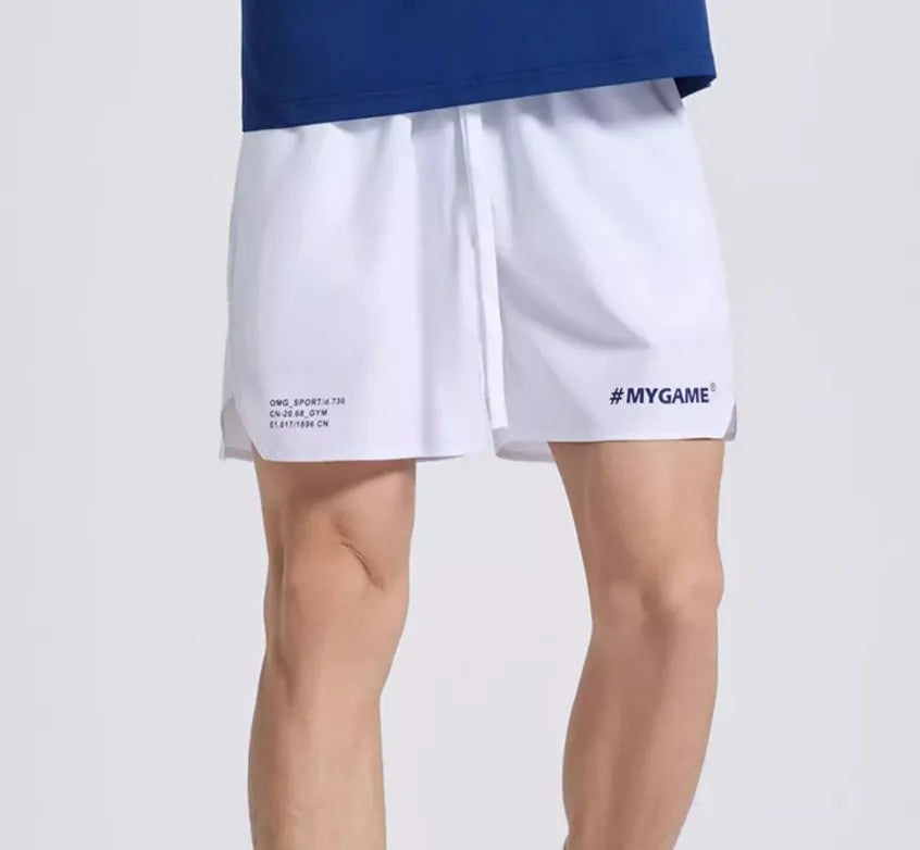 Men's fitness training shorts in black, blue, grey, or white with moisture-wicking fabric.