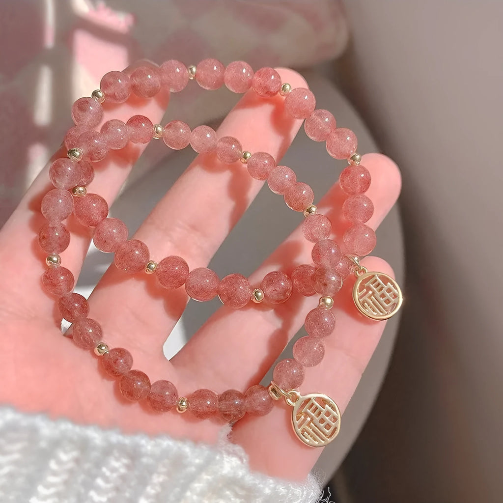 Strawberry quartz glass bead blessing card bracelet for women, New Chinese style, universal wrist size, manual crafted