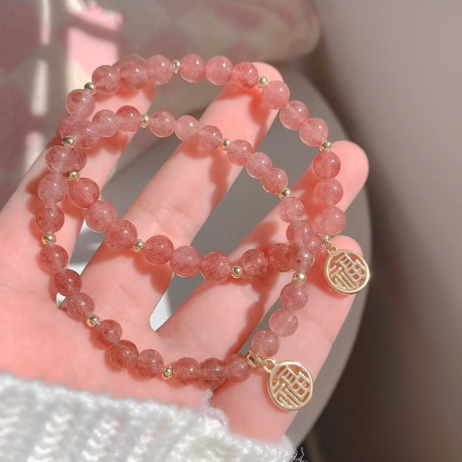Strawberry quartz glass bead blessing card bracelet for women, New Chinese style, universal wrist size, manual crafted