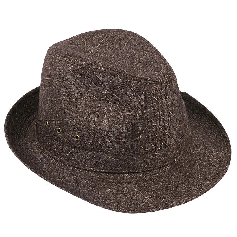 Classic thickened fedora hat for men in suit material, shown in various colours and sizes.