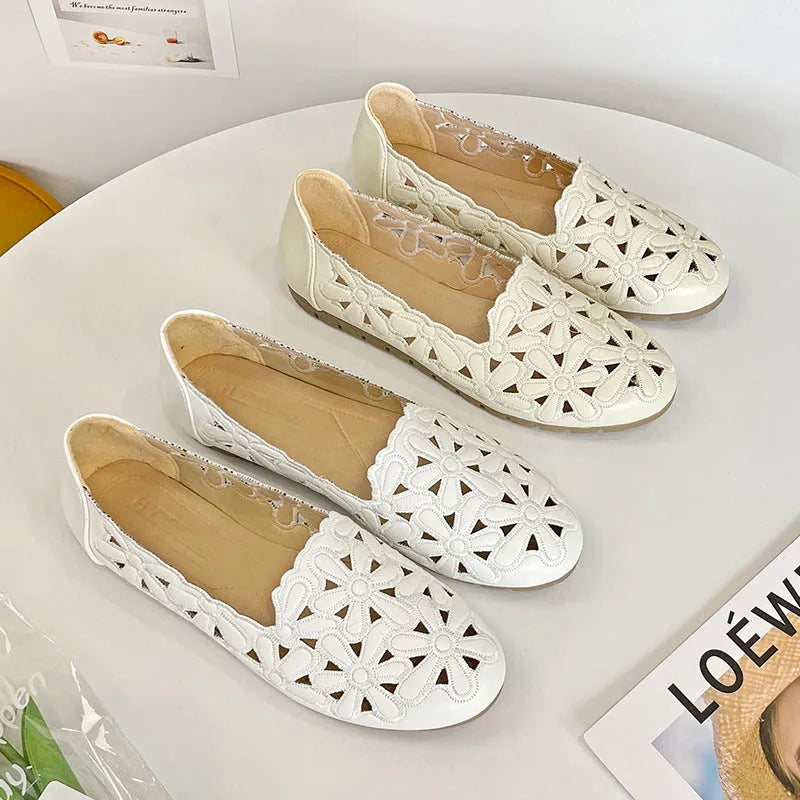 Beige soft bottom hollow breathable casual flat shoes for women with low heel and rubber sole