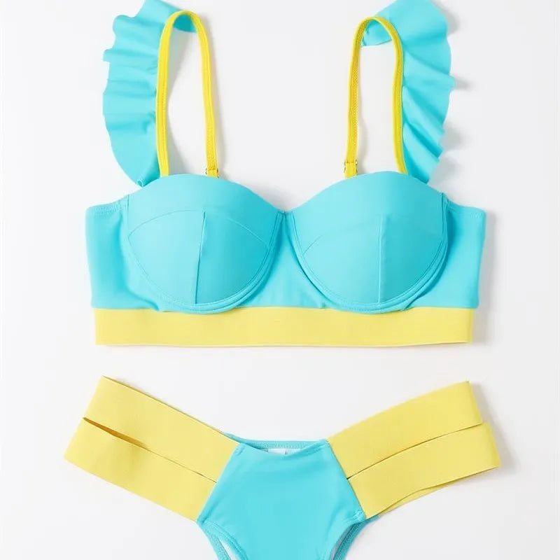 Women's steel bracket push-up bikini in nylon fabric showing multiple colour options