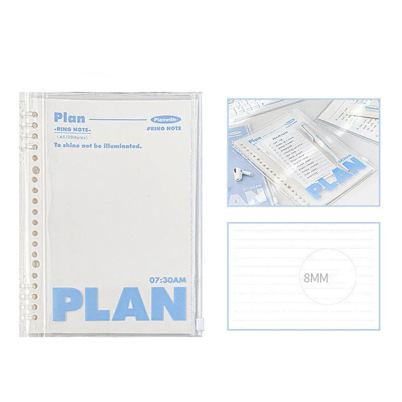 A5 spiral notebook with transparent PVC cover in blue, showing loose pages inside, next to a white version.