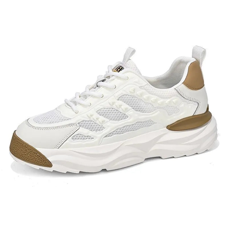 Men's white and black breathable mesh shoes with round toe design available in sizes 39-44