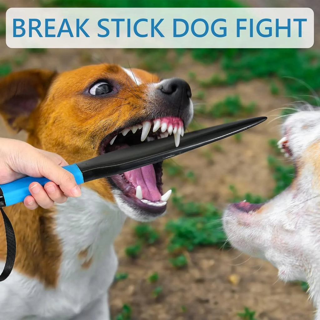 Blue handled dog break stick training tool with nylon construction measuring 35 cm