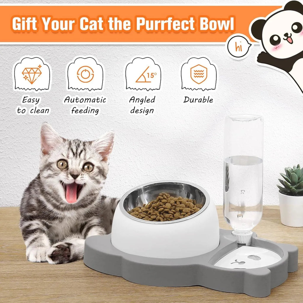Grey panda-shaped elevated pet feeder with automatic water bottle and tilted food bowls