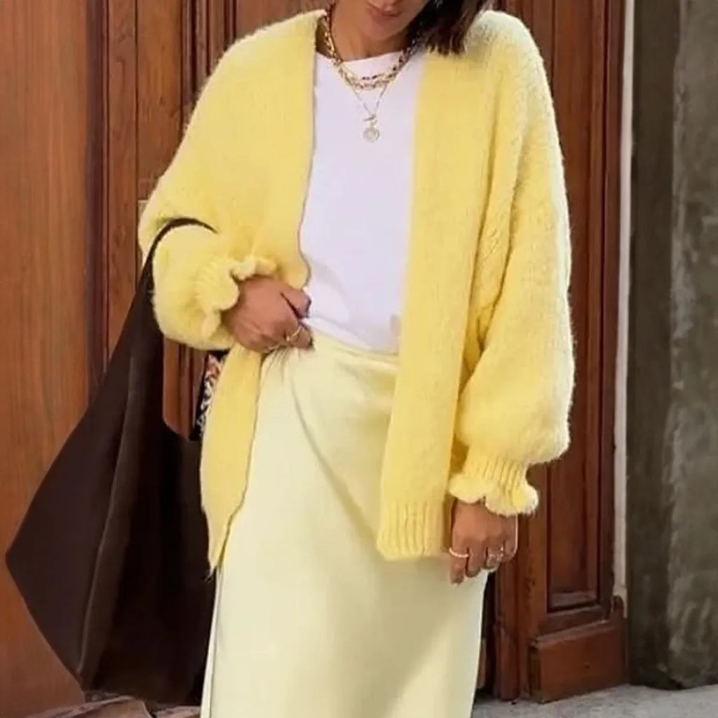 Yellow casual long-sleeved solid colour polyester shirt front view