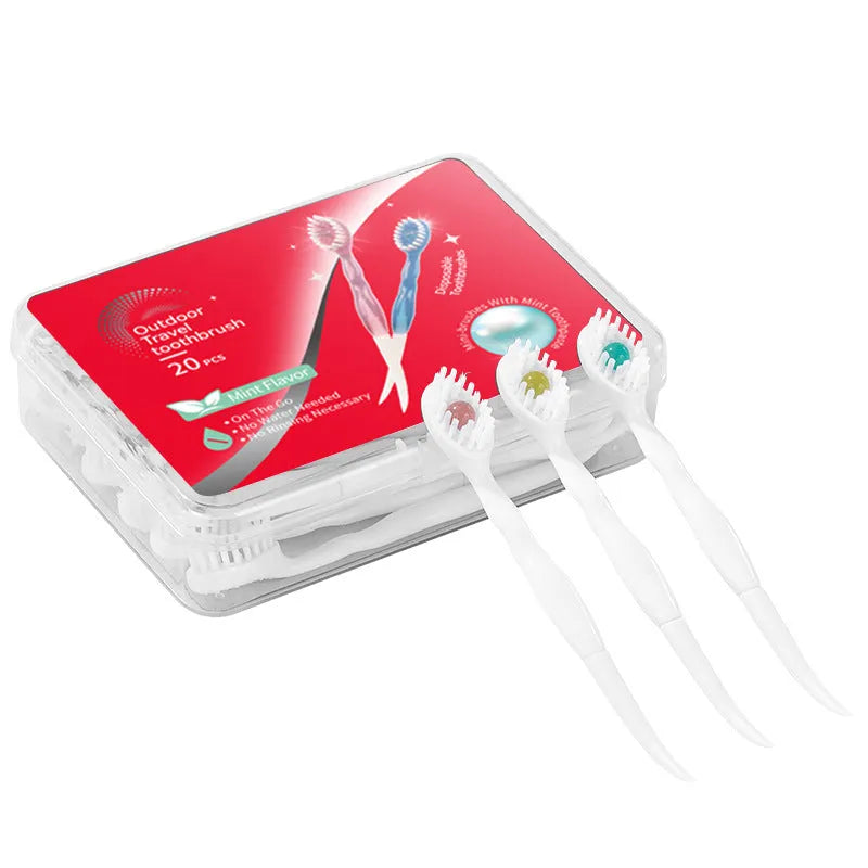 Box of Bead disposable travel toothbrushes showing mint flavour 20-piece set