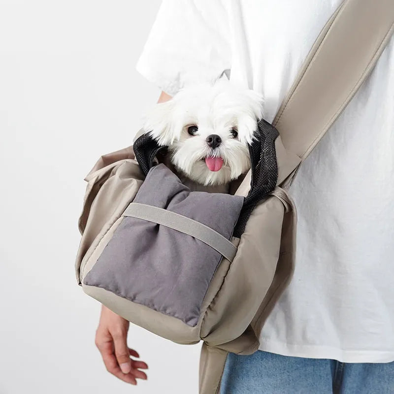 Apricot colour cloth pet carrier handbag with breathable mesh for a cat or small dog.