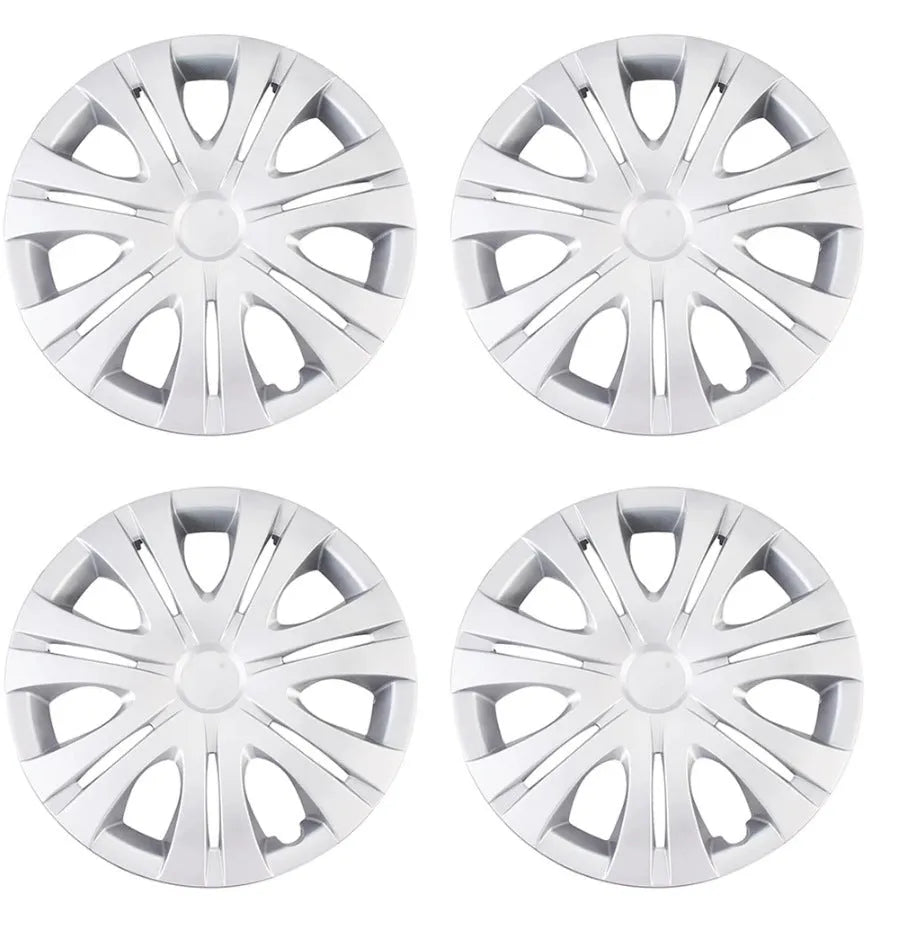 Universal silver ABS plastic wheel hub cover for car decoration in 13 to 16 inch sizes.