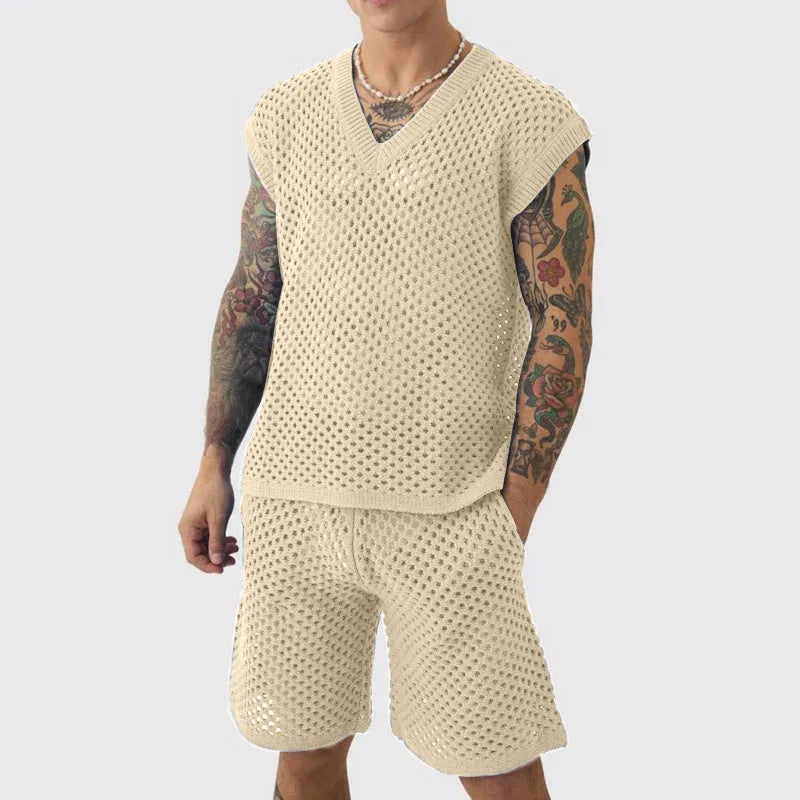 Men's blue knitted V-neck vest and matching shorts sports suit set on hanger