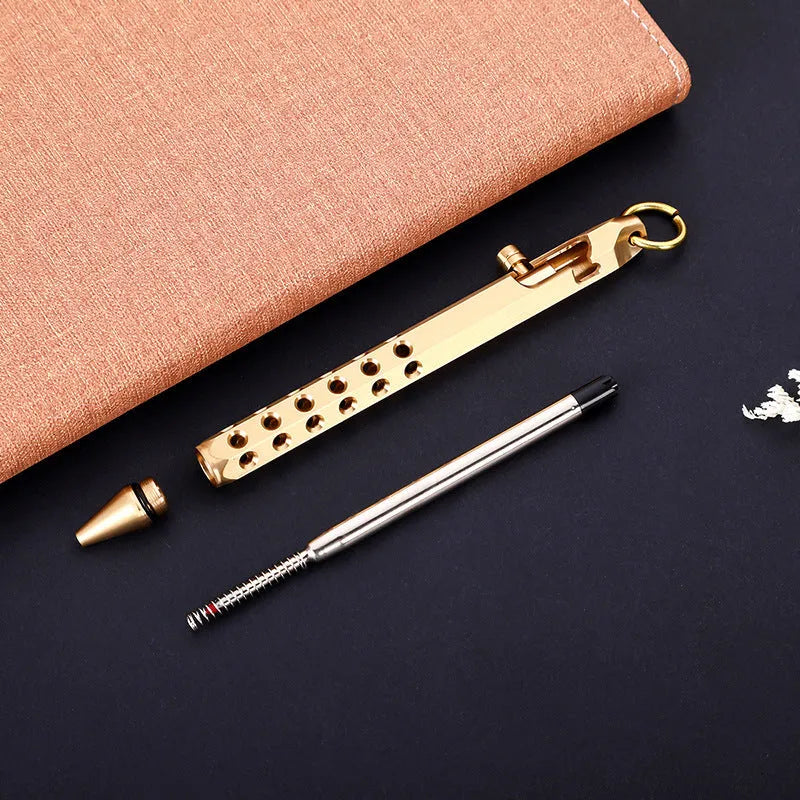 Brass hexagonal bolt action pen showing six-sided barrel and bolt mechanism in natural brass finish