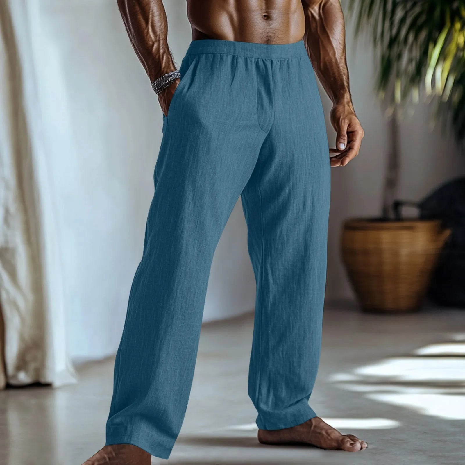 Cotton and linen straight leg casual trousers in British style with pockets, shown in light green colour