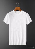 Men's black and white ice silk V-neck and round neck short sleeve t-shirt on a hanger.