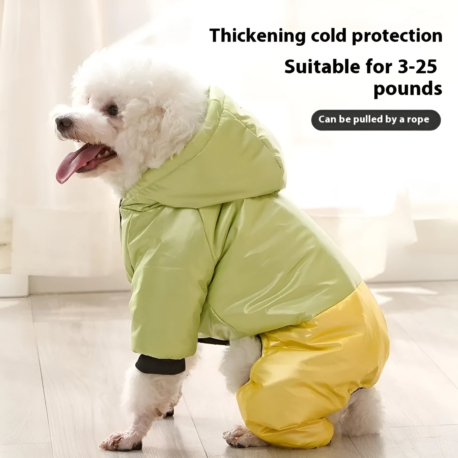 Green waterproof cotton dog coat with four-legged design