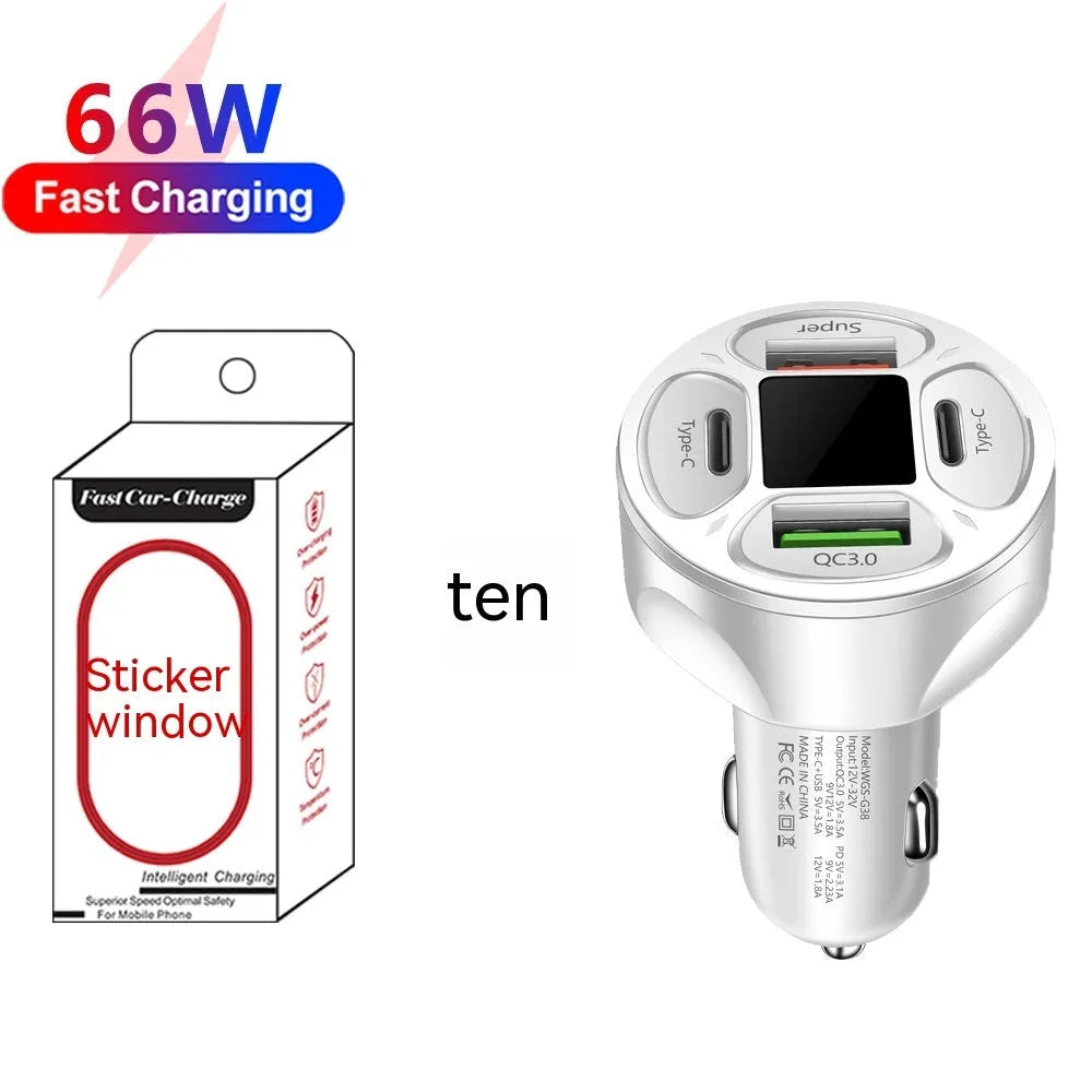 Black 66W car charger with digital display, two USB ports and two Type-C ports