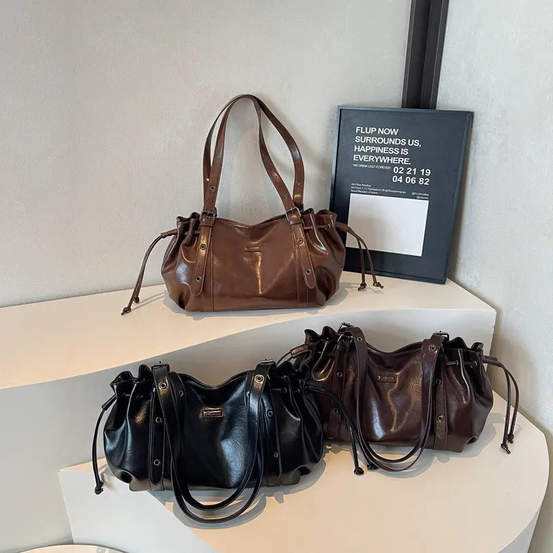 Women's soft PU crossbody underarm bag in horizontal square shape, measuring 48x13x20 cm, available in black, brown, coffee colours.