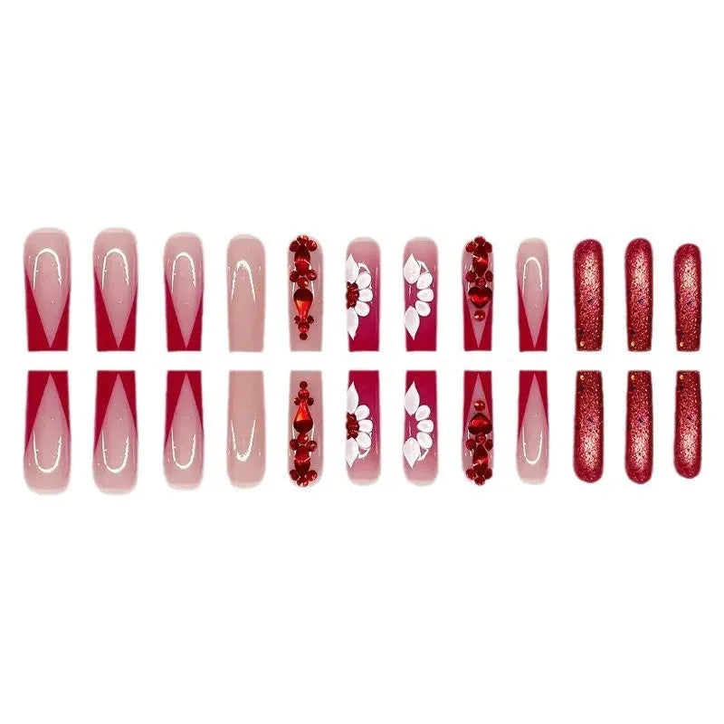 Sweet flowers pattern removable fake nails with prismatic red diamonds in European square long shape