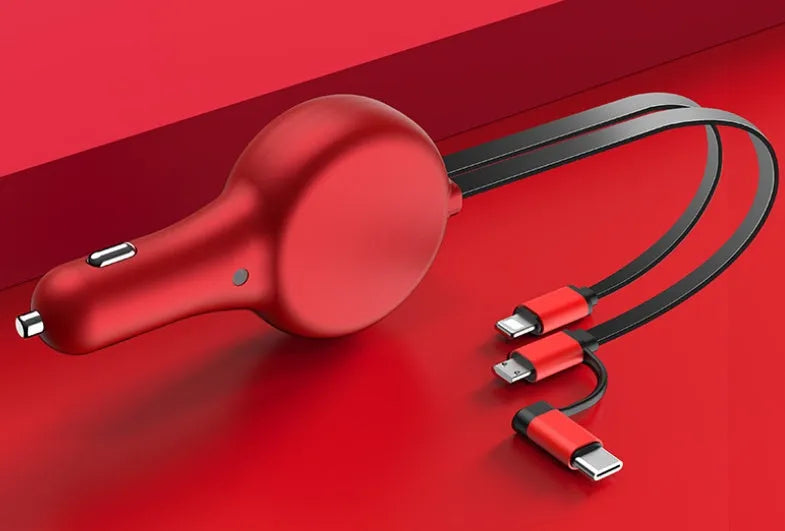 Black retractable car charger with extended cables plugged into a car power outlet.