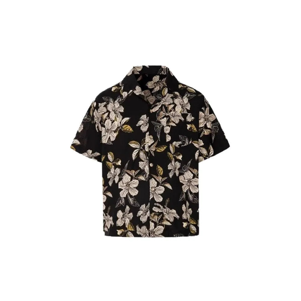 Black men's vintage Cuban collar shirt with floral print, made from thin ice silk fabric for summer.
