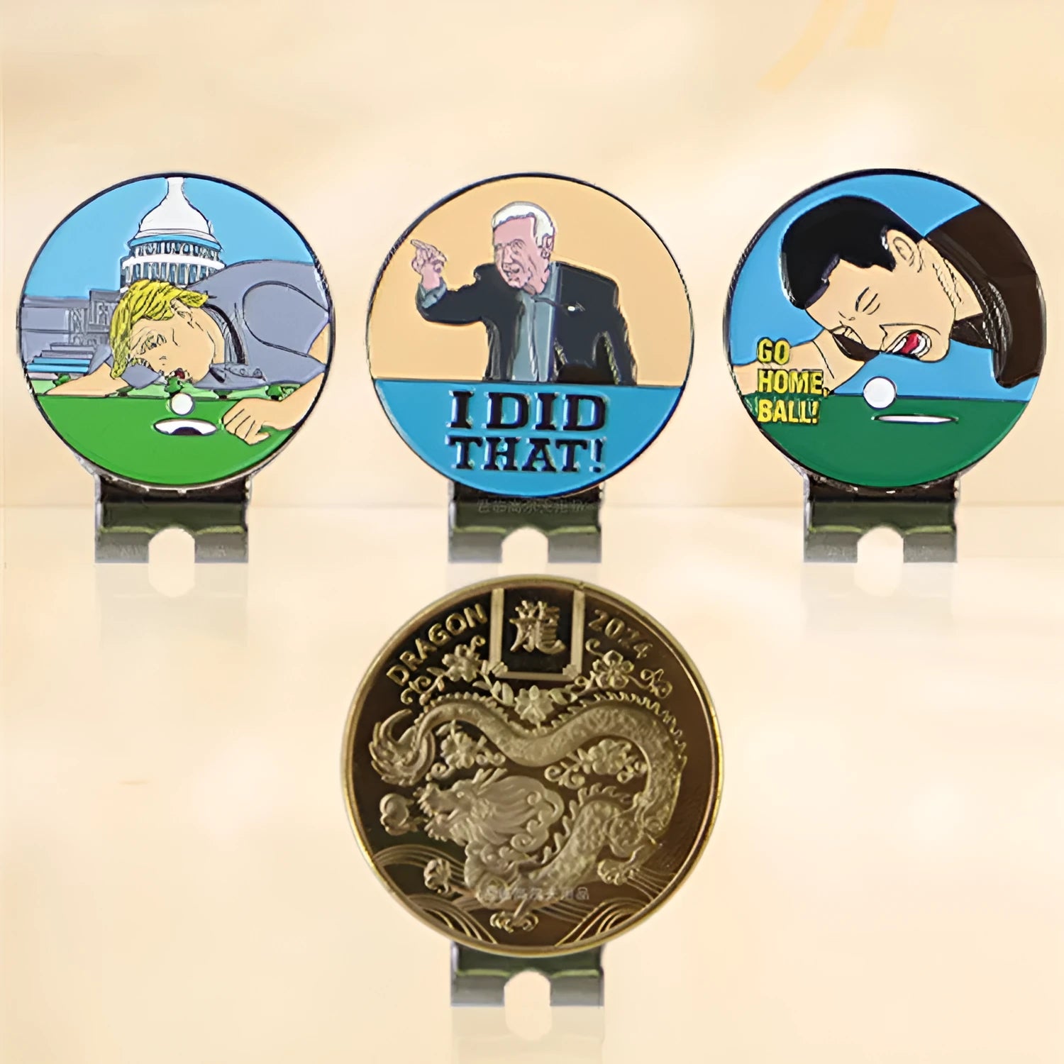 Zinc alloy golf hat clip showing engraved Dragon Year and other personalised pattern designs.