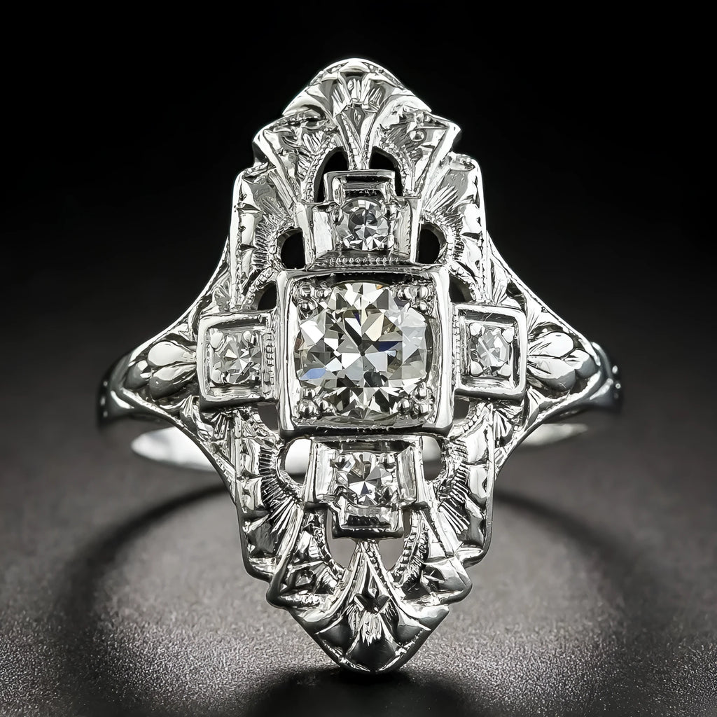 Hollow out geometry ring with diamond studding in electroplated silver finish