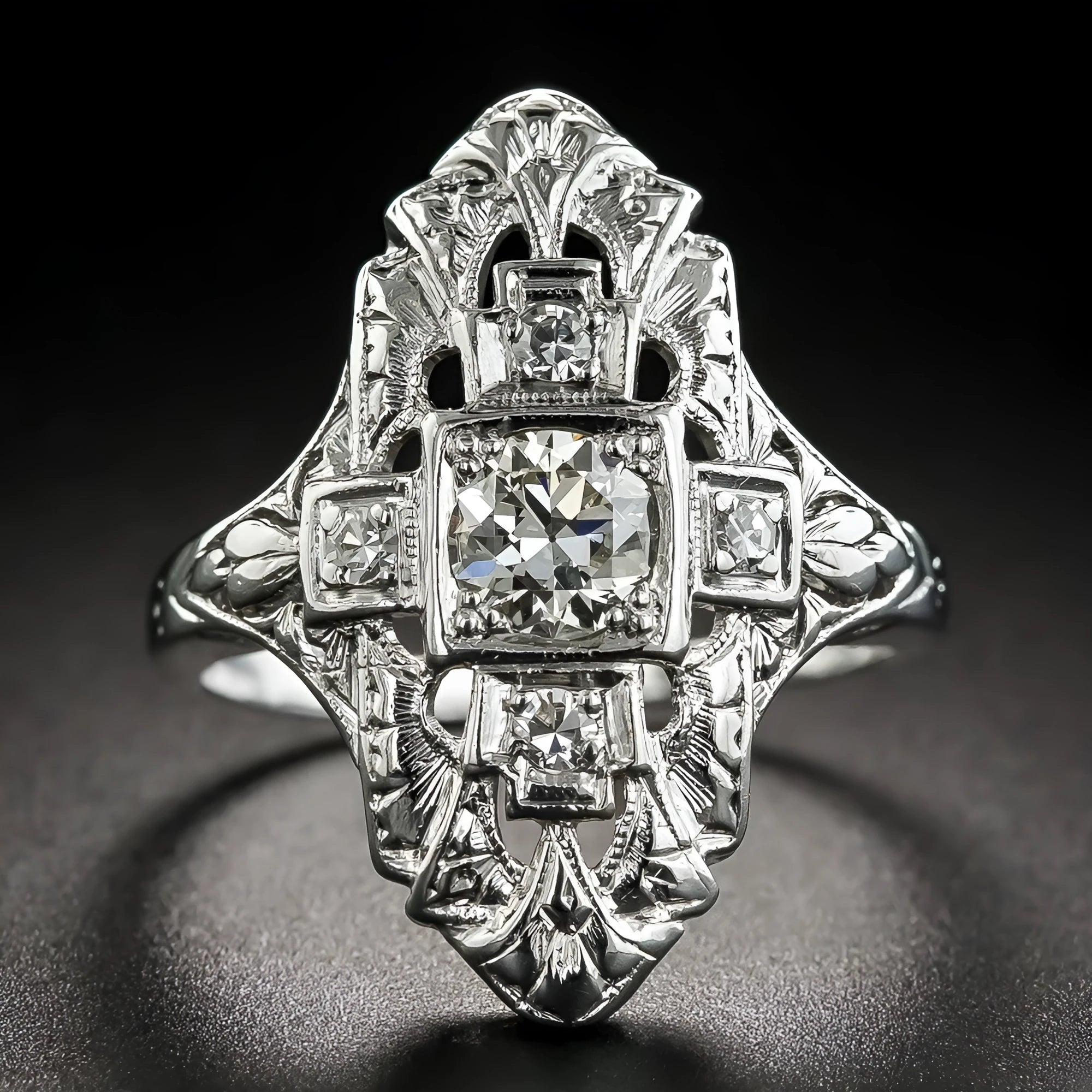 Hollow out geometry ring with diamond studding in electroplated silver finish