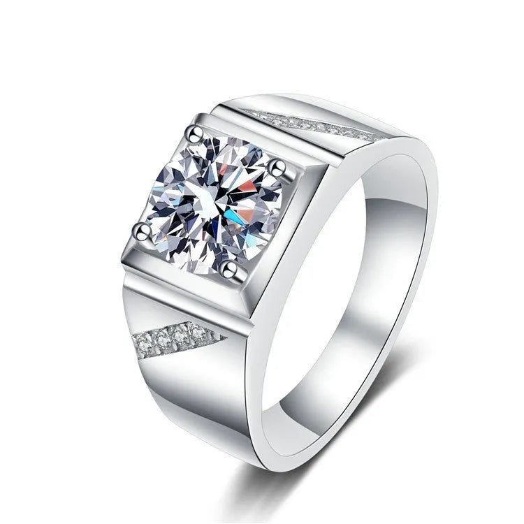 Adjustable copper men's ring with large square diamond design in gold colour on finger