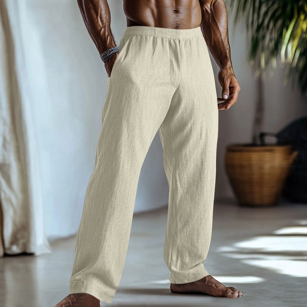 Cotton and linen straight leg casual trousers in light green colour, showing front view with pockets.