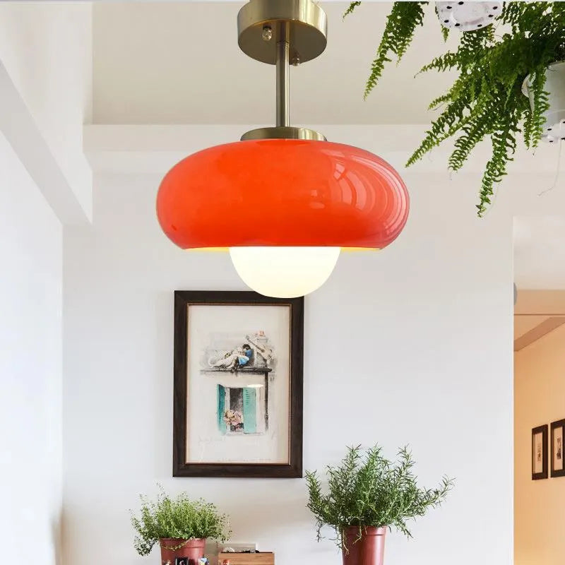 Bauhaus style three-headed pendant light with milk white egg tart glass shades