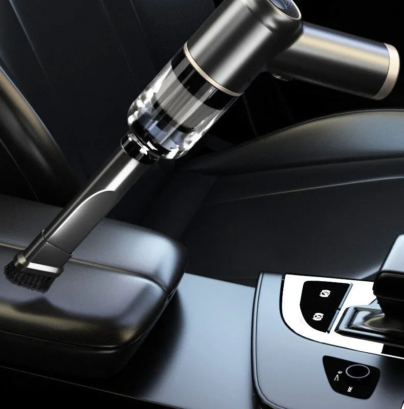 Black wireless handheld car vacuum cleaner with inflation function and multiple nozzle attachments