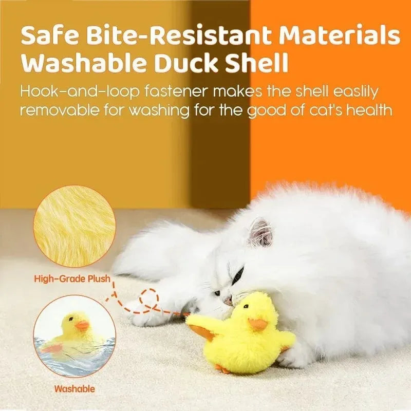 Yellow flapping duck interactive cat plush toy with USB charging cable on a neutral background.
