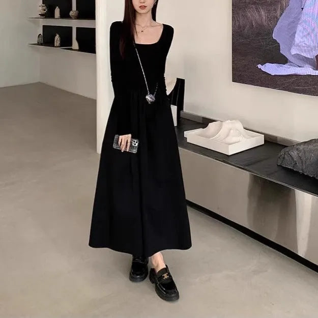 Black square collar knitted dress with elastic waist and long A-line skirt
