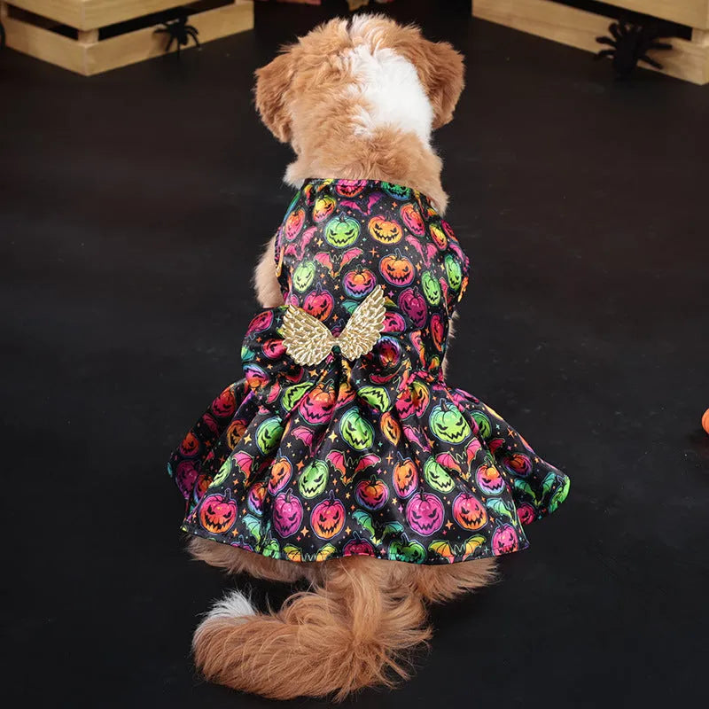 Angel wings Halloween dog costume in bright pumpkin orange and bat pattern colours