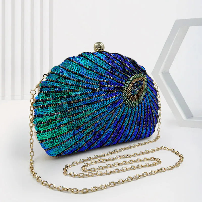 Women's vintage beaded one-shoulder crossbody chain handbag with hard shell and silk surface in black