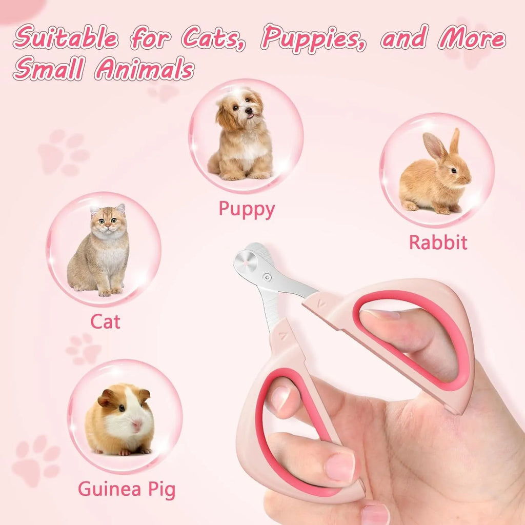 Cat nail clipper with positioning round hole and non-slip handle in blue and pink colours