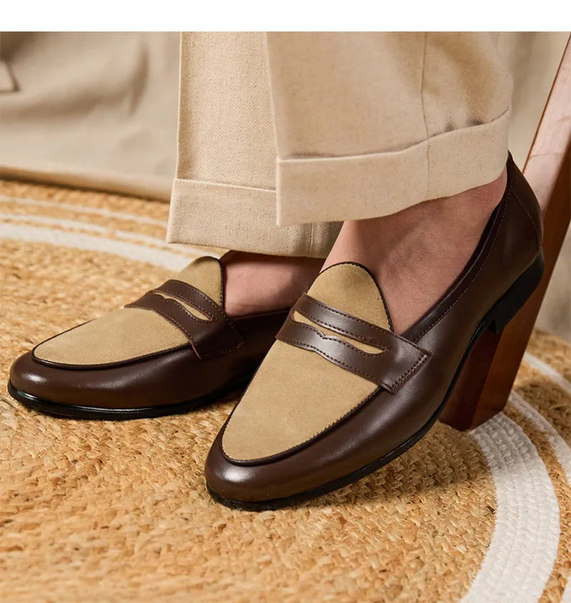 Coffee grey suede Belgium loafers for men with a slip-on design and rubber sole.