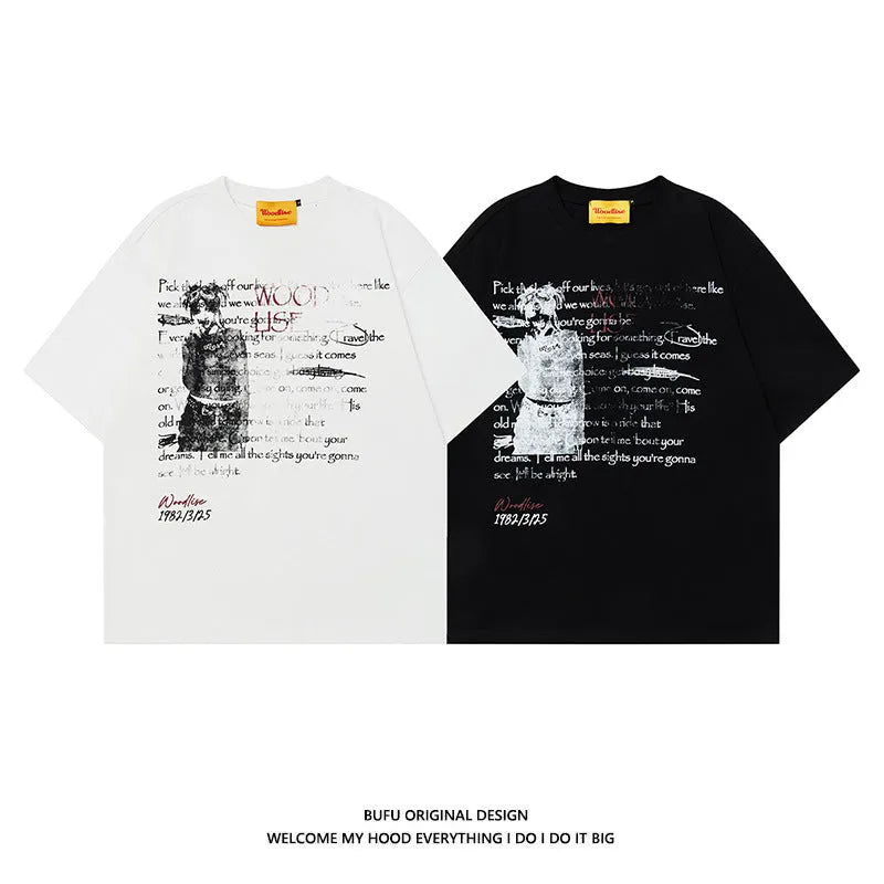 Men's black pure cotton t-shirt with white retro letter print and loose fit short sleeves