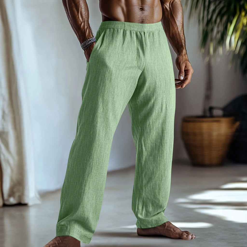 Cotton and linen straight leg casual trousers in British style with pockets, shown in light green colour