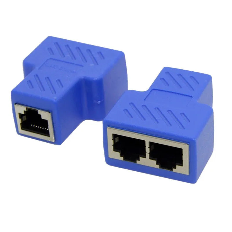 RJ45 three-way network cable splitter adapter in five colour choices.