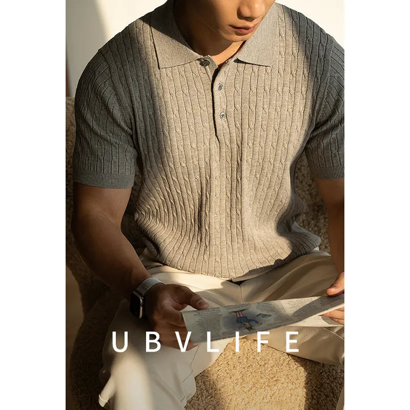 Men's khaki business commute short sleeve top showing Asian sizing options and fabric composition details