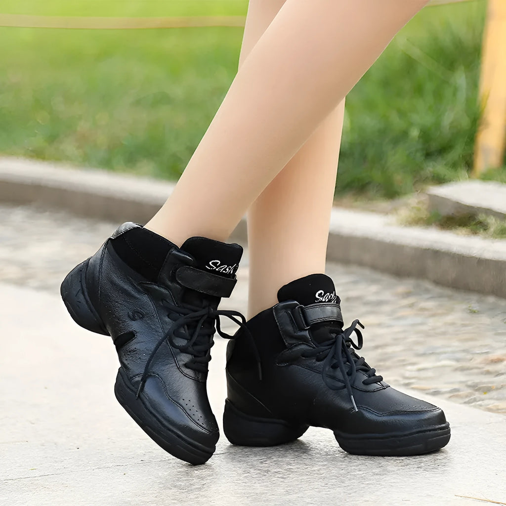 Square dance fitness shoes with black pigskin upper and rubber sole, soft sole design
