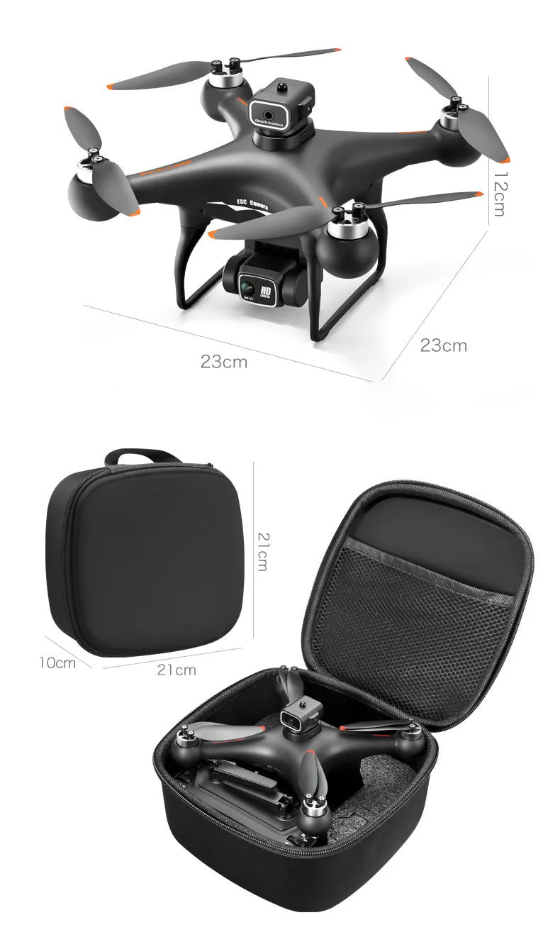 Black HD brushless UAV drone with four-side obstacle avoidance and camera, remote control transmitter beside it