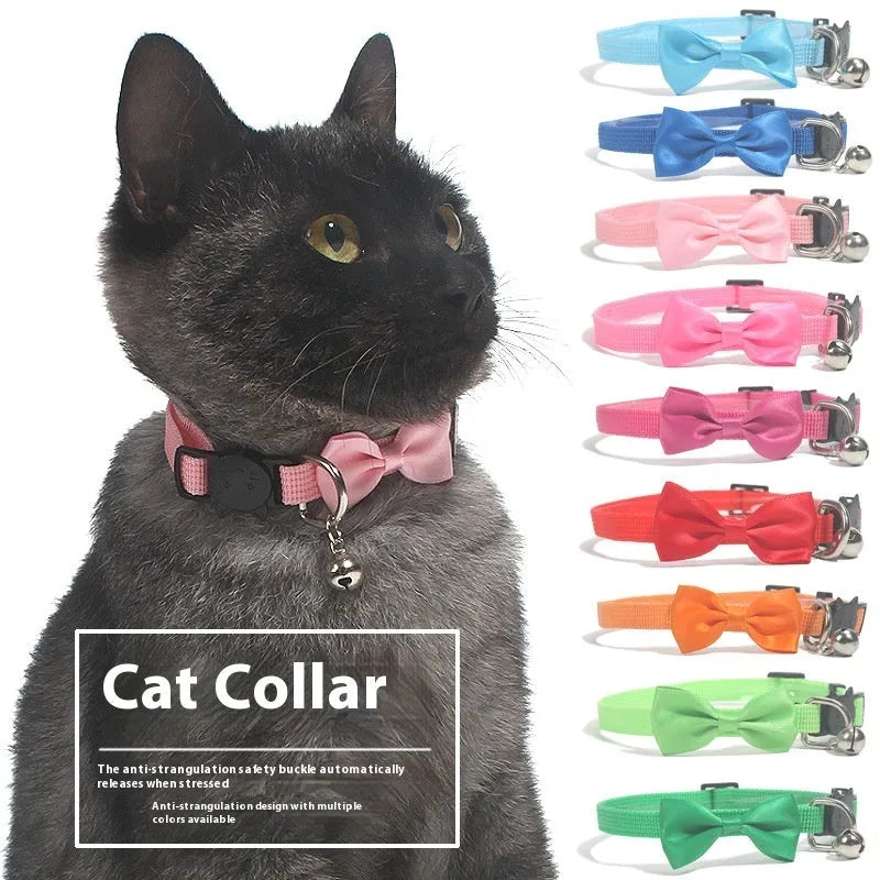 Adjustable nylon cat collar with bell in striped pattern available in multiple colours like red blue and green