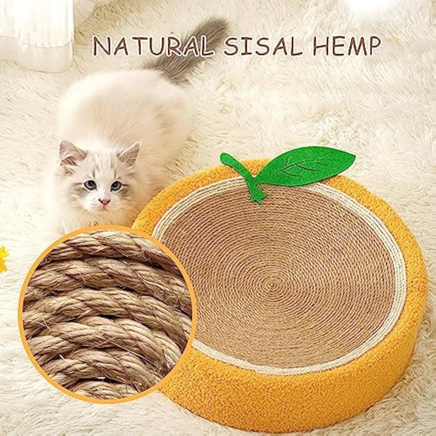 Yellow and orange round sisal cat scratching board with a concave centre bed.