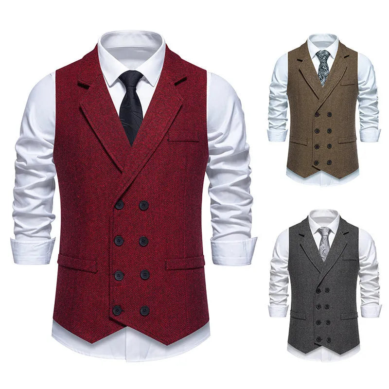 Men's herringbone tweed double breasted slim fit suit vest in dark gray