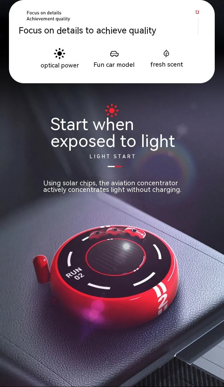 Round car-shaped solar-powered aromatherapy decoration in black colour with modern design