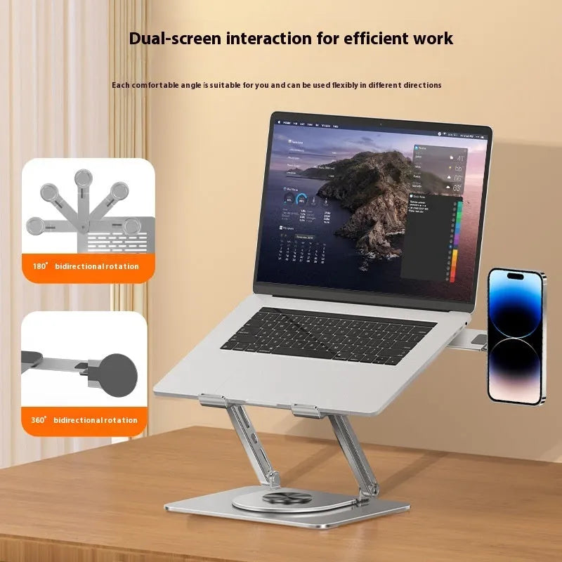 Silver carbon steel laptop stand with side-mounted magnetic phone holder rotated to show 360-degree movement